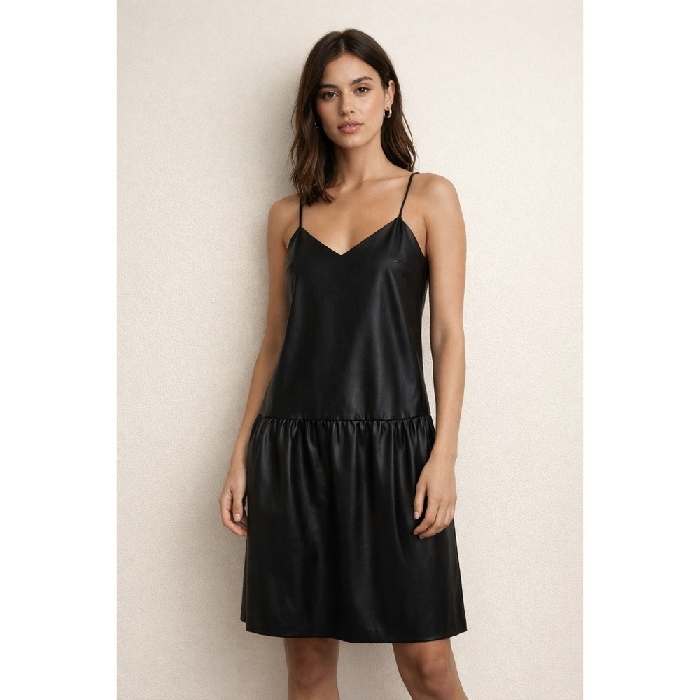 NWT Zara Black Faux Leather Drop Waist Thin Strap Mid Length Dress